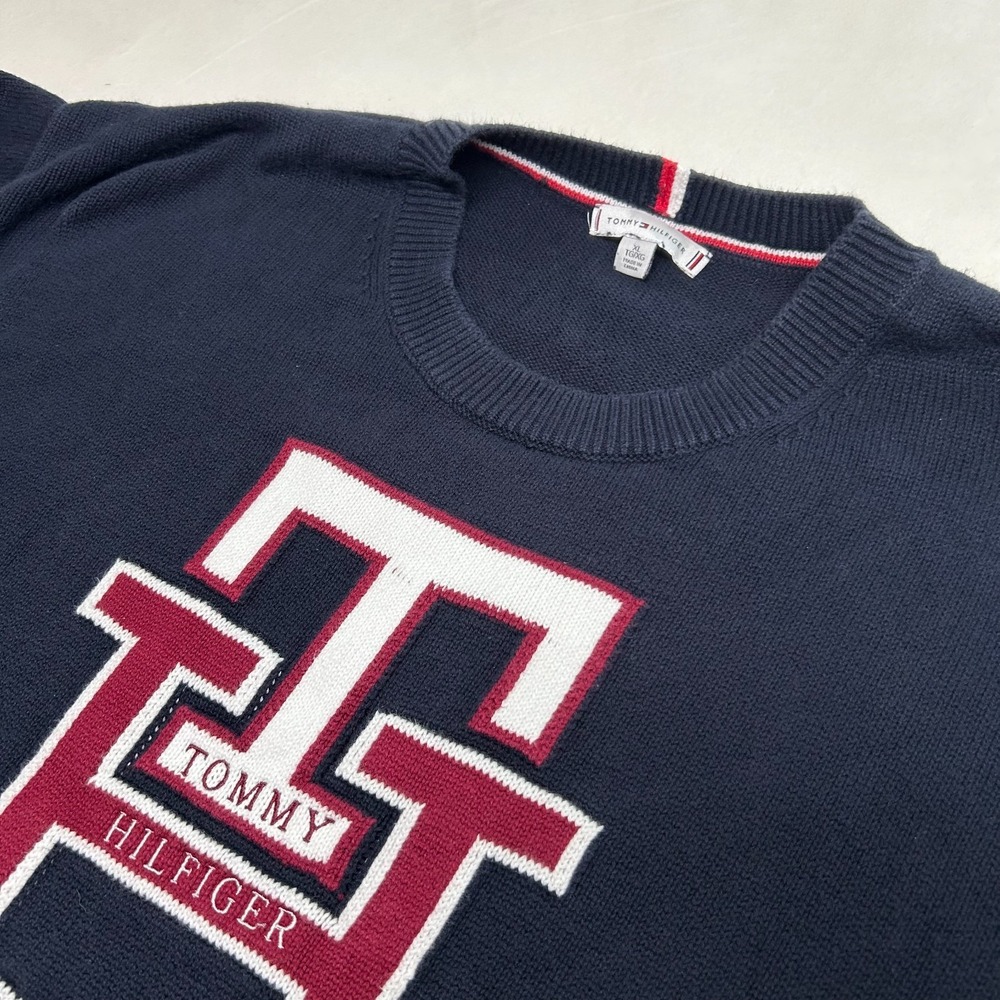Tommy Hilfiger Sweater Mens XL Navy Logo Knit‎ Crewneck Cotton Classic Casual